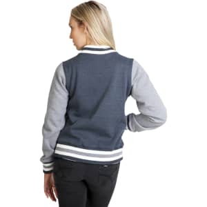 A women's varsity jacket featuring a grey and navy colour scheme with striped ribbing and a logo on the sleeve.