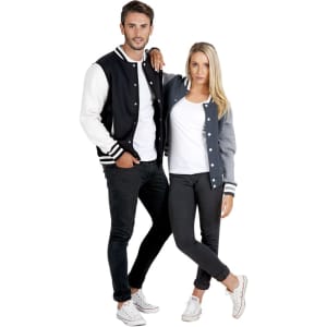 A men's and women's varsity jacket in black, grey, and white with striped cuffs and a logo.