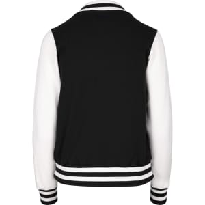 A black and white women's varsity jacket with a striped ribbed collar and cuffs, featuring a logo on the back.