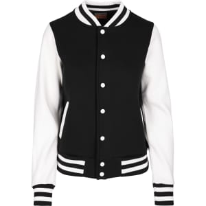 A black and white women's varsity jacket with a button front and striped cuffs. It features a logo on the chest.