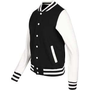 A black and white varsity jacket featuring striped cuffs and a front pocket, with a logo on the chest.