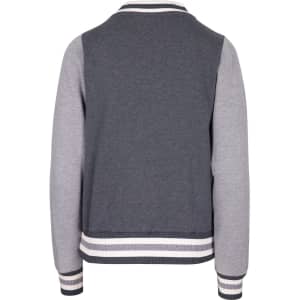 A grey and light grey women’s junior varsity jacket with contrasting ribbed cuffs, collar, and waistband, featuring a logo.