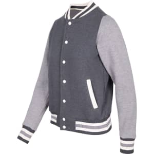 A women's varsity jacket featuring grey body fabric with lighter grey sleeves and striped cuffs. It has a logo on the chest.