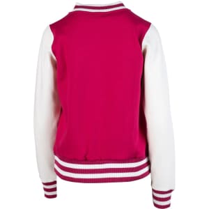 A women's junior varsity jacket featuring a fuchsia body and white sleeves, with striped ribbing at the cuffs and hem.