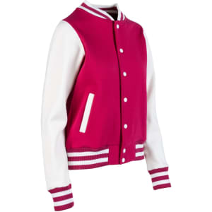 A pink and white women's junior varsity jacket featuring button closures and striped cuffs. It has a logo on the front.