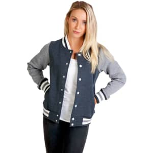 A women's varsity jacket in dark blue with grey sleeves and white striped cuffs, featuring a logo on the front.