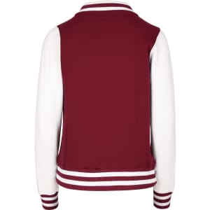 A women's junior varsity jacket featuring a maroon body and white sleeves with striped cuffs. It includes a logo.