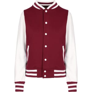 A women's junior varsity jacket in burgundy and white, featuring a sporty design and striped ribbing.