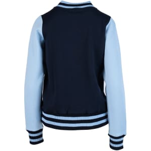 A women's junior varsity jacket featuring a navy body and light blue sleeves, with ribbed cuffs and collar.