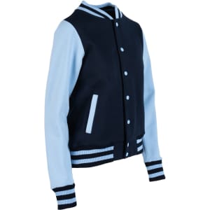 A women's junior varsity jacket featuring a navy body with light blue sleeves and striped cuffs. Includes branding.