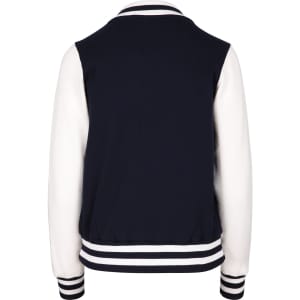 A women's junior varsity jacket in navy blue with white sleeves and striped ribbing on the collar and cuffs.
