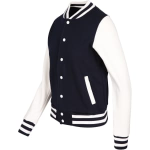 A navy blue and white women's varsity jacket with a button-up front and striped cuffs. Features a logo on the chest.