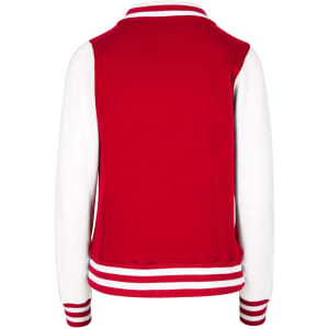 A red and white women's junior varsity jacket featuring a ribbed collar and cuffs, with a logo on the back.