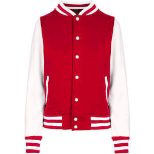A red and white junior varsity jacket featuring a button-up front and striped cuffs. It includes a logo on the chest.