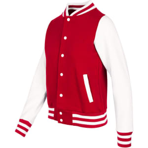 A red and white women's junior varsity jacket featuring a button-up front and striped cuffs.