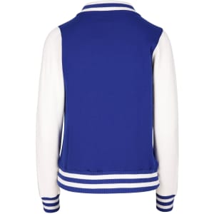 A varsity jacket in blue with white sleeves and striped ribbing at the collar and cuffs. It features a logo.