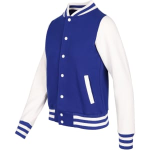 A blue and white women's varsity jacket with striped cuffs and a front pocket, featuring a logo.