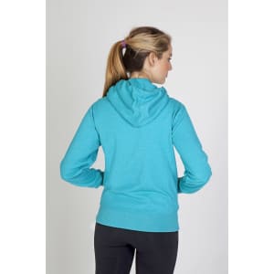 A heather teal women's hoodie with a hood, featuring long sleeves and a fitted design.