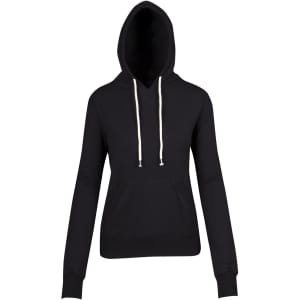 A black women's hoodie featuring a front pocket, drawstring, and a hood, with a logo present.