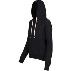 A black hoodie with a front pocket and drawstrings, featuring a branding logo on the hood.