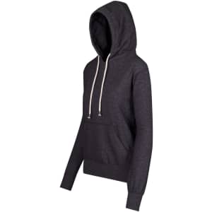 A charcoal grey hoodie with a front pocket and drawstring hood. It features long sleeves and has a logo.