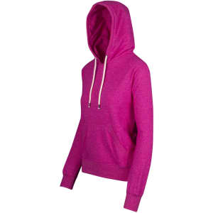 A pink heather hoodie with a kangaroo pocket and adjustable drawstring hood. The hoodie features a branded logo.