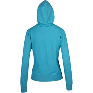A turquoise hoodie with a hood and long sleeves, featuring a fitted design and a logo.