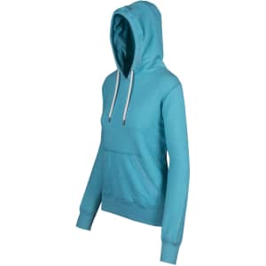 A teal women's hoodie featuring a front pocket and drawstrings, with a casual fit and a logo.