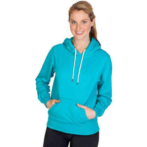 A teal hoodie is worn by a smiling woman, featuring a kangaroo pocket and a drawstring hood. It has a logo.