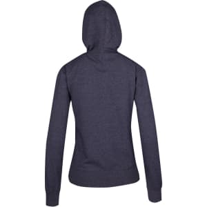 A dark heather hoodie with a fitted design and a hood, featuring long sleeves and a back view.