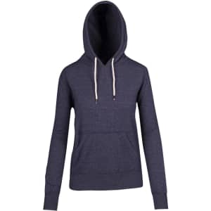 A heather navy hoodie with a front pocket and drawstring hood, featuring a logo on the front.