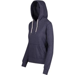 A women's junior hoodie in heather navy with a front pocket and drawstring hood. It features a logo on the front.