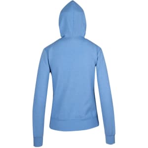 A blue hoodie with a hood and long sleeves, featuring a fitted silhouette and a logo.