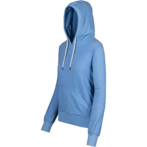 A light blue hoodie with a front pocket, drawstring hood, and branding on the label.