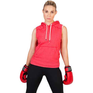 A sleeveless red hoodie with a front pocket, worn by a model wearing boxing gloves.