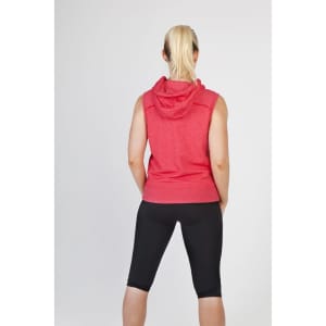A sleeveless red hoodie with a hood, viewed from the back, paired with black workout shorts.