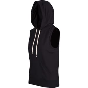 A sleeveless hooded hoodie in black with a front pocket and a drawstring. It features a logo.