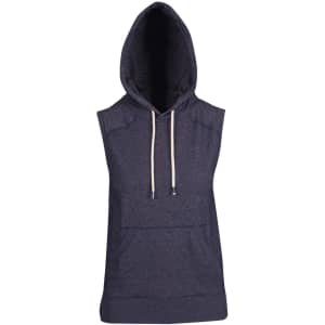 Sleeveless hoodie in dark heather grey, featuring a pouch pocket and drawstring hood, with a branding logo.