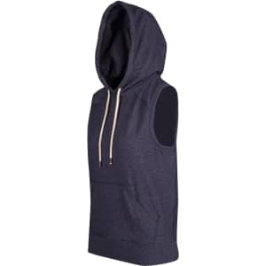 A sleeveless navy hoodie with a hood and a front pocket, featuring a branding logo.