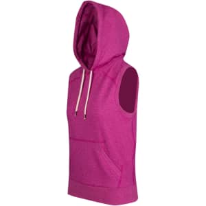 A sleeveless hoodie in vibrant pink with a hood and front pocket, featuring a logo on the design.