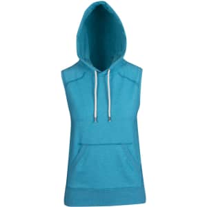 A sleeveless hoodie in vibrant aqua blue, featuring a hood, drawstrings, and a front pocket.