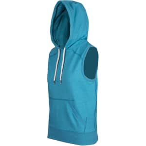 A sleeveless hoodie in a vibrant teal colour, featuring a front pocket and a hood, with a logo on it.