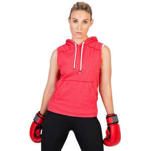 A sleeveless red hoodie with a front pocket and a hood, modelled by a person wearing boxing gloves.