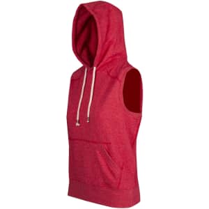 A red sleeveless hoodie with a hood and front pocket, part of the Greatness Range. Features branding.