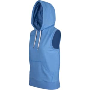A sleeveless blue hoodie featuring a front pocket and an attached hood, with a logo on the front.