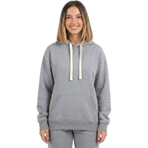 A purple women's heavy fleece hoodie and a blue men's heavy fleece hoodie, both featuring a logo and drawstring.
