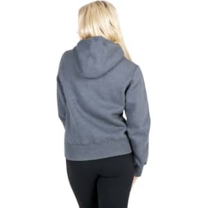 A grey women's heavy fleece hoodie featuring a hood and a fitted silhouette. It includes a logo on the back.