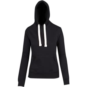 A black women's juniors heavy fleece hoodie featuring a front pocket and white drawstrings. It includes a logo.