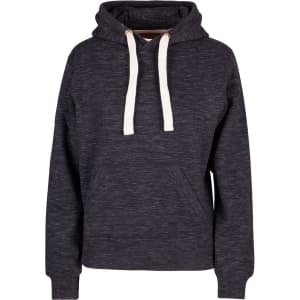 A women's junior heavy fleece hoodie in dark grey with a kangaroo pocket and contrasting drawstrings.