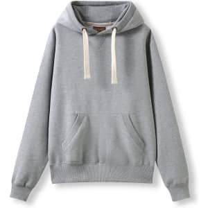 A women's heavy fleece hoodie in grey with a front pocket and a hood, featuring a contrasting drawstring.